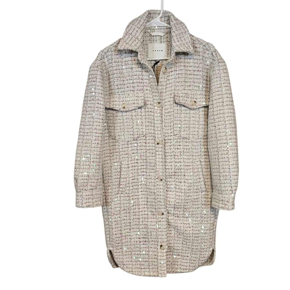 Blank NYC Grand Entrance Sequined Shirt Jacket Tweed Shacket Coat Long - Picture 2 of 10